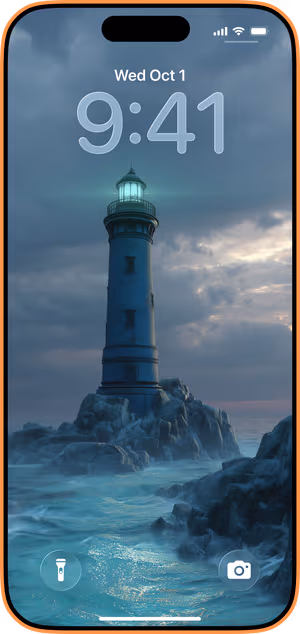 Wallpaper preview on iPhone 17 Pro Max running iOS 26 - Teal Beacon Lighthouse