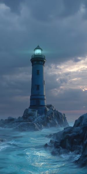 Moody lighthouse centered on a teal turquoise seascape with glowing beacon ultra HD 8K background.