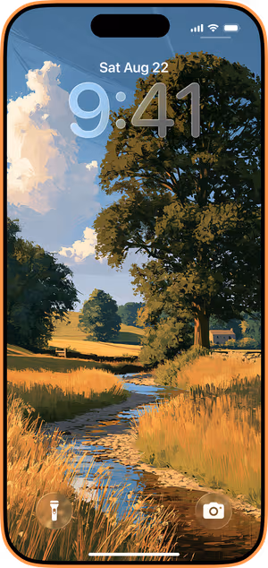 Wallpaper preview on iPhone 17 Pro Max running iOS 26 - Golden Countryside Stream