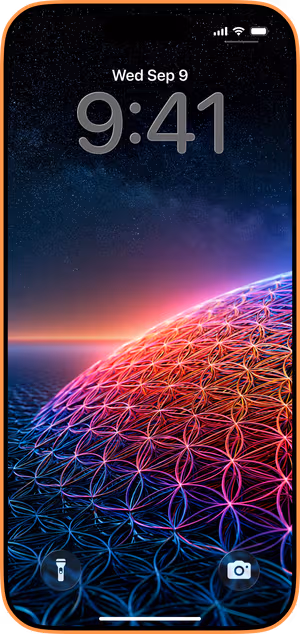 Wallpaper preview on iPhone 17 Pro Max running iOS 26 - Neon Geometric Dome