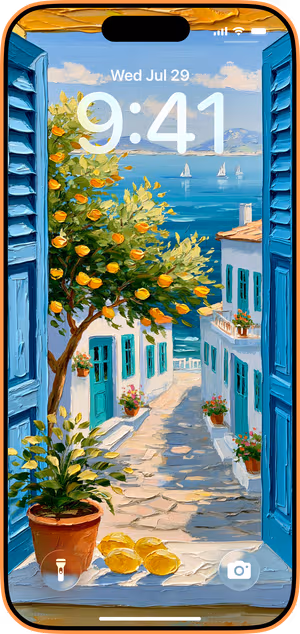 Wallpaper preview on iPhone 17 Pro Max running iOS 26 - Mediterranean Lemon Vista