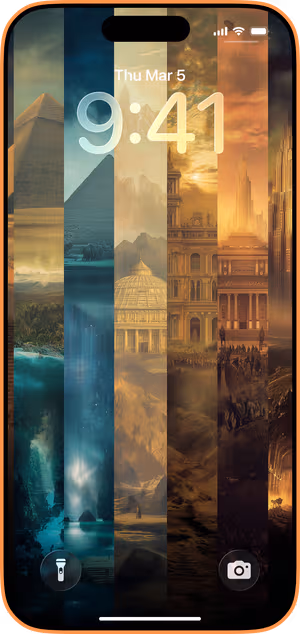 Wallpaper preview on iPhone 17 Pro Max running iOS 26 - Striped Epic Landscapes