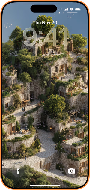 Wallpaper preview on iPhone 17 Pro Max running iOS 26 - Sunlit Stone Terraces