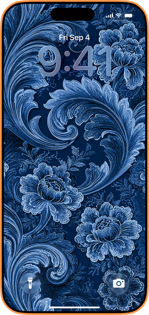Wallpaper preview on iPhone 17 Pro Max running iOS 26 - Navy Baroque Floral Damask