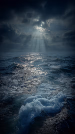 Cinematic moonlit ocean waves on deep blue background with foamy surf and storm lit cloud rays, ultra HD