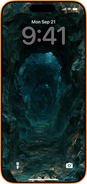 Wallpaper preview on iPhone 17 Pro Max running iOS 26 - Emerald Cavern Passage