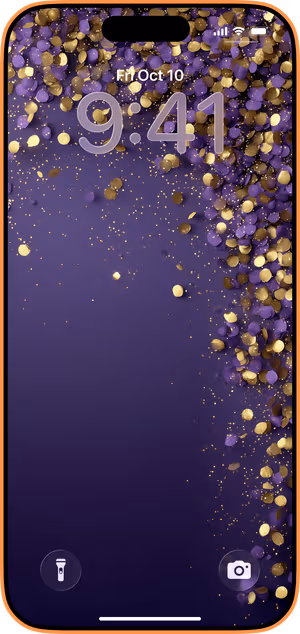 Wallpaper preview on iPhone 17 Pro Max running iOS 26 - Purple Gold Confetti
