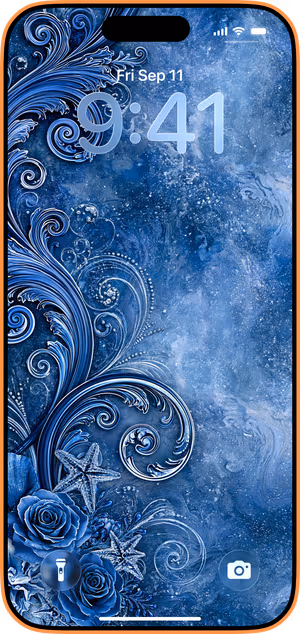 Wallpaper preview on iPhone 17 Pro Max running iOS 26 - Blue Baroque Rose Swirl