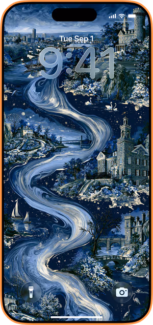 Wallpaper preview on iPhone 17 Pro Max running iOS 26 - Midnight River Castle Tapestry