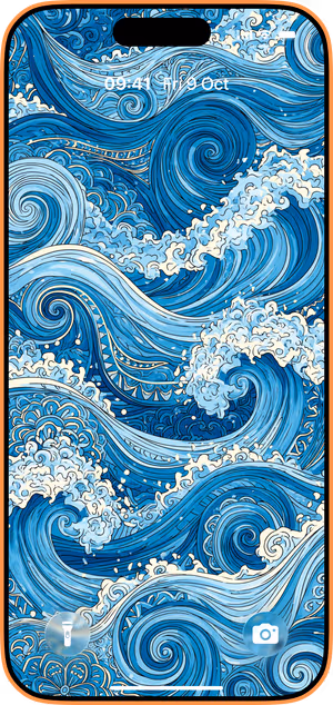 Wallpaper preview on iPhone 17 Pro Max running iOS 26 - Blue Art Nouveau Waves