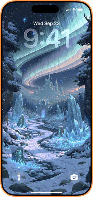 Wallpaper preview on iPhone 17 Pro Max running iOS 26 - Icy Aurora Forest