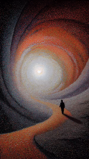 Abstract silhouette on a glowing spiral mosaic path with red orange tones in an ethereal style.