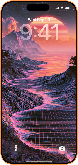 Wallpaper preview on iPhone 17 Pro Max running iOS 26 - Synthwave Mountain Sunset
