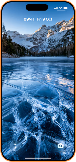 Wallpaper preview on iPhone 17 Pro Max running iOS 26 - Frozen Alpine Lake