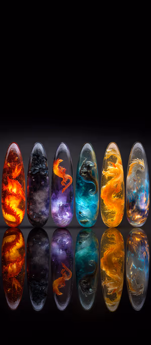 Glassy fantasy Elemental Dragon Capsules in jewel tone red, purple, teal and gold with mirrored reflection ultra HD image.
