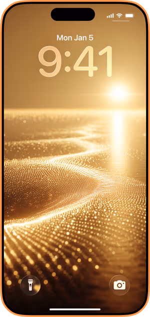 Wallpaper preview on iPhone 17 Pro Max running iOS 26 - Golden Particle Waves