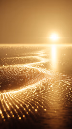Minimalist abstract particle waves centered on a warm gold background with sun reflection and bokeh shimmer, ultra HD 8K
