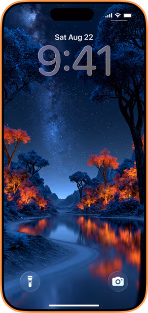 Wallpaper preview on iPhone 17 Pro Max running iOS 26 - Midnight Autumn River