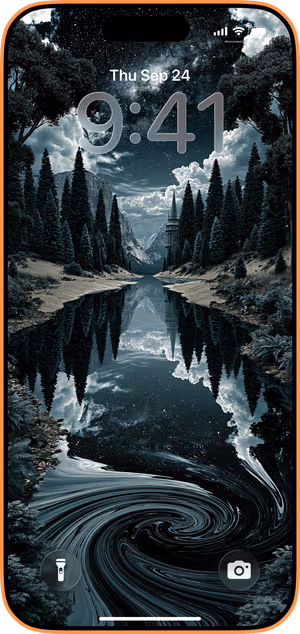 Wallpaper preview on iPhone 17 Pro Max running iOS 26 - Dark Fantasy Forest Lake