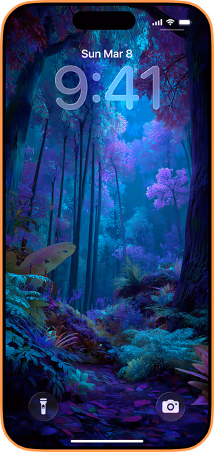 Wallpaper preview on iPhone 17 Pro Max running iOS 26 - Ethereal Neon Forest