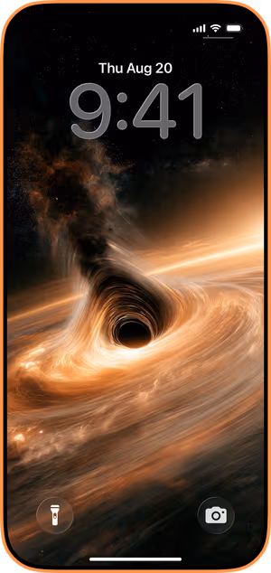 Wallpaper preview on iPhone 17 Pro Max running iOS 26 - Amber Black Hole Accretion Disk