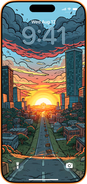 Wallpaper preview on iPhone 17 Pro Max running iOS 26 - Comic City Sunset Scene