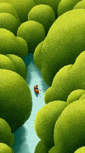 Illustrated rowboat on a turquoise river under rounded green canopies in a serene nature aesthetic ultra HD 8K background.