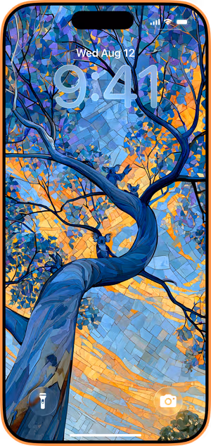 Wallpaper preview on iPhone 17 Pro Max running iOS 26 - Blue Mosaic Tree Owls