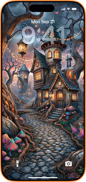 Wallpaper preview on iPhone 17 Pro Max running iOS 26 - Gothic Cottage Lantern Path