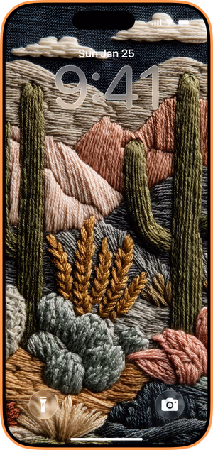 Wallpaper preview on iPhone 17 Pro Max running iOS 26 - Hand Stitched Saguaro