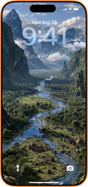 Wallpaper preview on iPhone 17 Pro Max running iOS 26 - Alpine River Valley