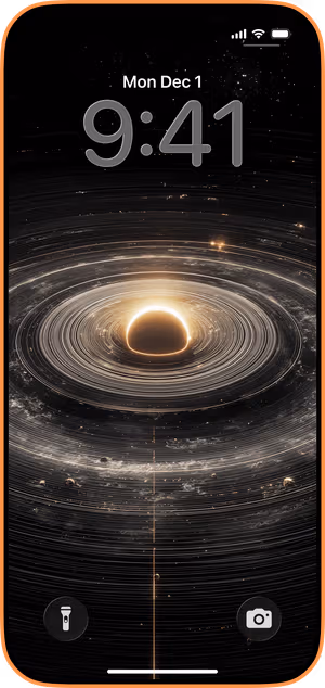 Wallpaper preview on iPhone 17 Pro Max running iOS 26 - Golden Ringed Black Hole