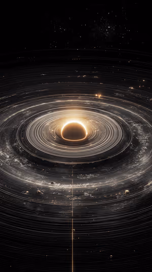 Cinematic black hole centered on a deep black starfield with golden concentric accretion rings ultra HD 8K