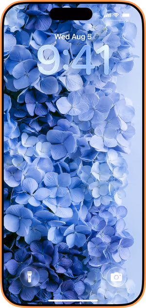 Wallpaper preview on iPhone 17 Pro Max running iOS 26 - Blue Hydrangea Floral Clusters
