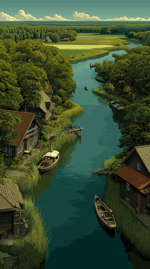 Aerial river cottages scene on an emerald green marsh with boats and reeds ultra HD 8K image.