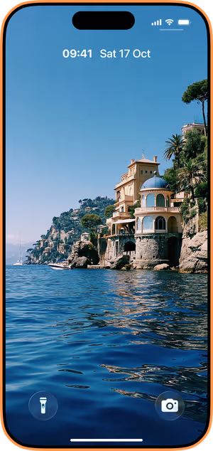 Wallpaper preview on iPhone 17 Pro Max running iOS 26 - Mediterranean Villa Coast