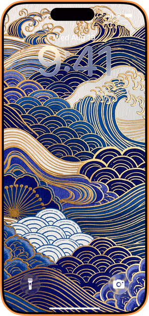 Wallpaper preview on iPhone 17 Pro Max running iOS 26 - Navy Gold Japanese Wave