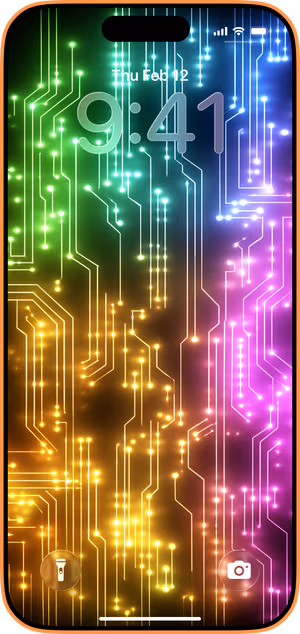 Wallpaper preview on iPhone 17 Pro Max running iOS 26 - neon circuit grid