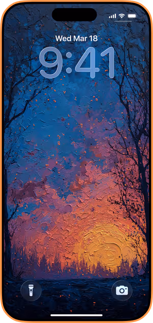 Wallpaper preview on iPhone 17 Pro Max running iOS 26 - Impasto Sunset Grove