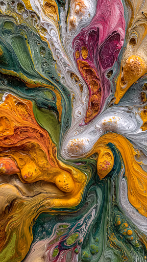 Macro abstract fluid art centered on emerald, gold and magenta marbled background, ultra HD 8K image.