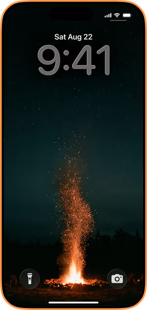 Wallpaper preview on iPhone 17 Pro Max running iOS 26 - Cinematic Orange Campfire