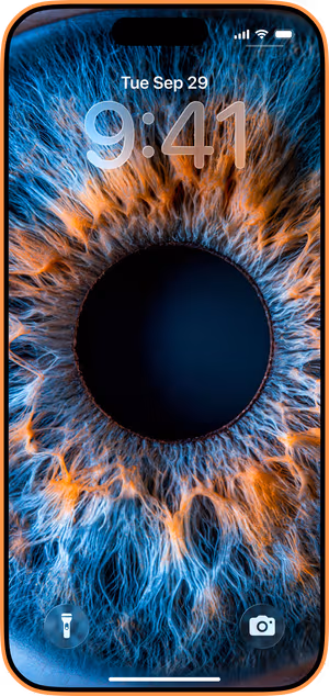 Wallpaper preview on iPhone 17 Pro Max running iOS 26 - Blue Orange Iris Macro