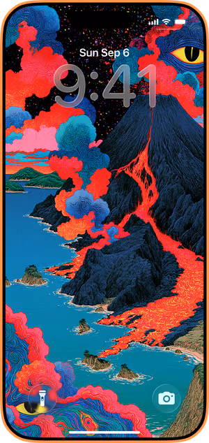 Wallpaper preview on iPhone 17 Pro Max running iOS 26 - Neon Volcano Eye Landscape