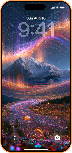Wallpaper preview on iPhone 17 Pro Max running iOS 26 - Neon Mountain Light Trails