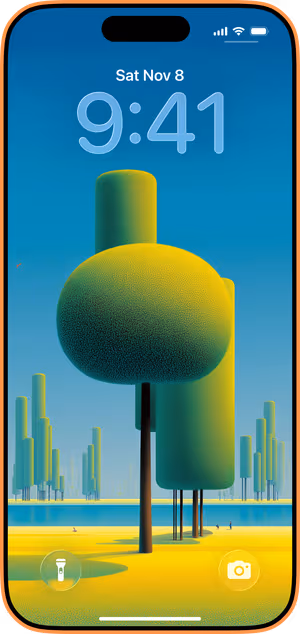 Wallpaper preview on iPhone 17 Pro Max running iOS 26 - geometric shore trees