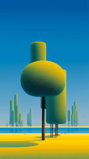 Minimalist geometric tree landscape centered on blue and yellow background in a calm modern aesthetic, ultra HD.