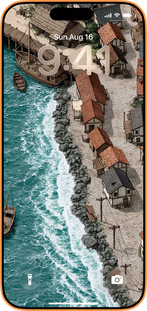 Wallpaper preview on iPhone 17 Pro Max running iOS 26 - Isometric Coastal Village