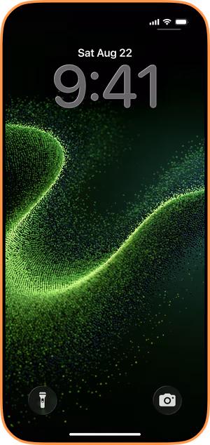 Wallpaper preview on iPhone 17 Pro Max running iOS 26 - Neon Green Particle Wave