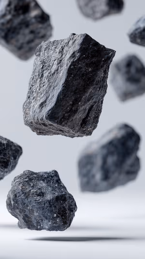 Moody minimalist floating black rocks centered on a neutral monochrome background with ultra HD stone texture.