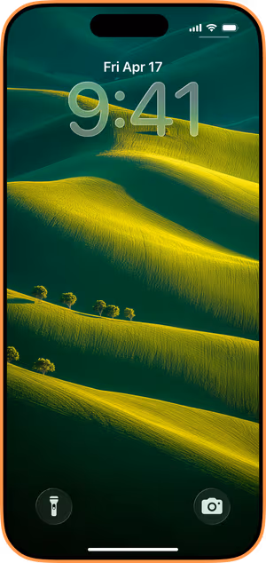 Wallpaper preview on iPhone 17 Pro Max running iOS 26 - Sunlit Rolling Hills